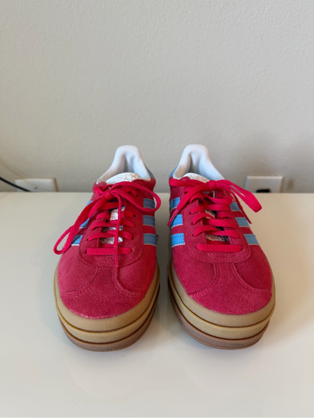 adidas Gazelle Women's Red Suede Sneakers with Light Blue Stripes - Picture 3 of 4